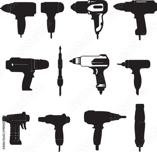 Silhouette Collection of Power Drills and Screwdrivers Tools