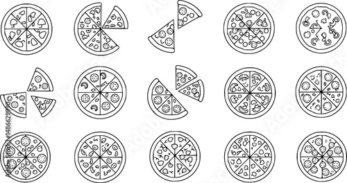 Pizza icons set. Outline set of pizza vector icons for web design isolated on white background
