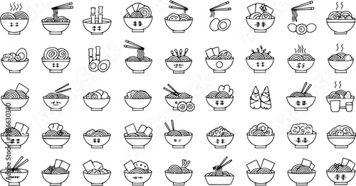 Ramen icons set. Outline set of ramen vector icons for web design isolated on white background
