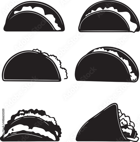 Black and White Taco Illustrations Set, Food Icon Vector Design