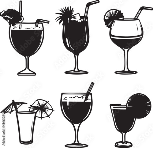 Black and White Cocktail Glasses with Straws and Garnishes Illustration