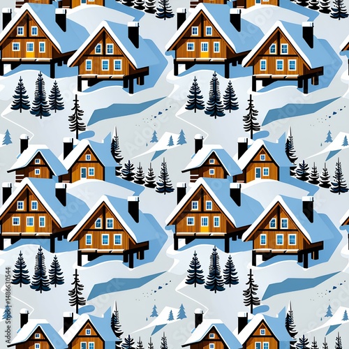 illustrated mountain cabins in snowy woods