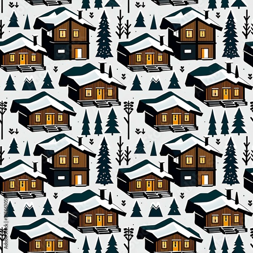 illustrated mountain cabins in snowy woods