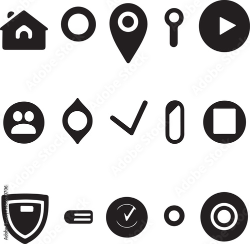 Black Icon Set: Home, Location, Play, Check, Stop, Shield, More