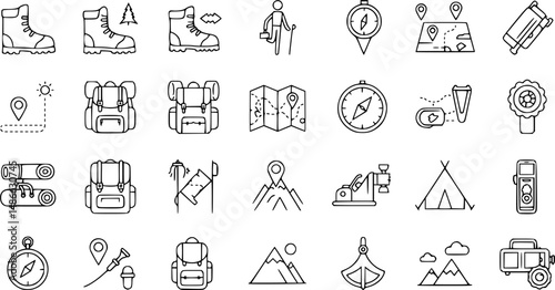 Hiking icons set. Outline set of hiking vector icons for web design isolated on white background
