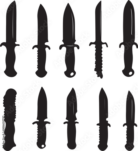 Black Silhouette Knives Set: Various Tactical Blade Designs Illustration