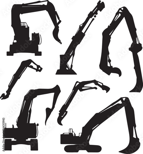 Black Silhouettes of Construction Excavator Arms: Vector Illustration