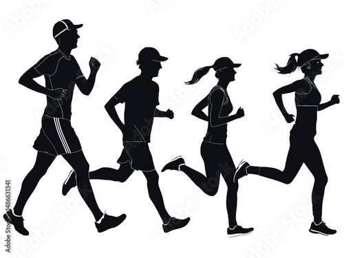 Silhouetted figures of four people running in athletic gear against a white background in a group run