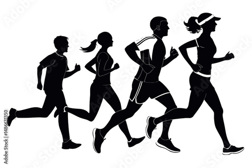 Silhouette illustration of four people running together in a group marathon race event outdoors