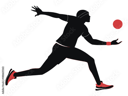 Silhouette of a running man with a headband reaching for a red ball in a dynamic action pose illustration