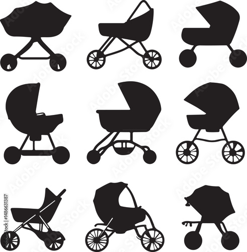 Silhouette Collection of Baby Strollers: Black Vector Illustration