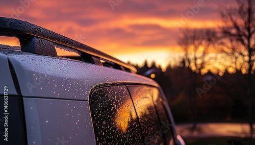 Sunset hues on a car with rain photo