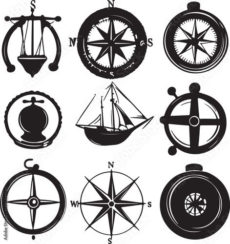 Nautical Vector Elements: Compass, Ship, Wheel, and Sailor Icons
