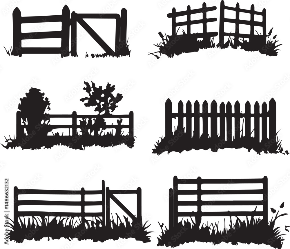 Fototapeta premium Fence Silhouette Vector Art: Rustic Wood Fences, Farm & Garden Design