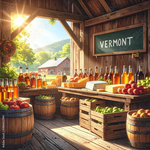 Rustic vermont produce stand with sunlit apples, cheeses, and syrup in wooden barn setting