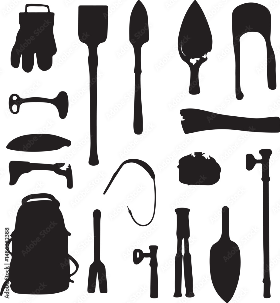 Fototapeta premium Black Silhouette Garden Tools: Gloves, Trowels, Shovels, and Backpack
