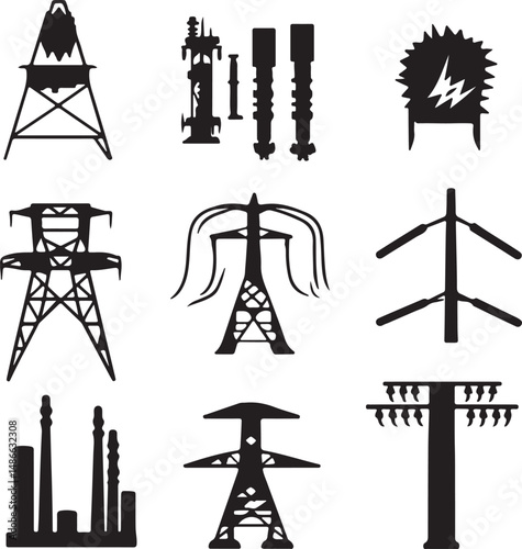 Silhouette Power Lines and Electrical Towers Vector Icons Set