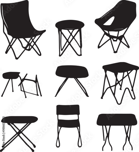 Black Silhouette Furniture Set: Chairs and Stools, Line Art Design