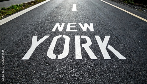 Straight road with new york text painted on asphalt