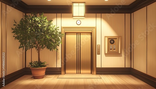 Elegant hotel elevator hall.  Warm, inviting interior