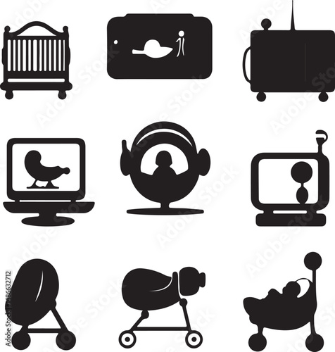 Black Silhouette Icons: Baby Crib, Monitor, Stroller, TV Set Design