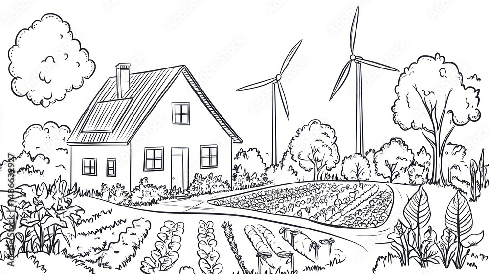 Obraz premium Rural Farmhouse with Wind Turbines and Garden