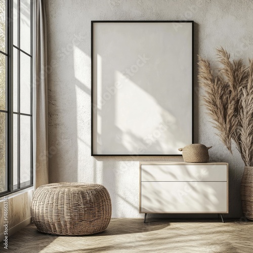 Bohemian living room with a blank canvas.  Natural light streams into a room showcasing a neutral color palette. A woven pouf sits by a white chest of drawers, and dried pampas grass adds texture