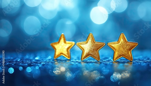 Three golden stars on a blue background.  Bokeh effect (1)