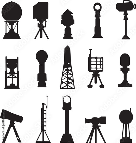 Black Silhouette Icons: Weather Stations, Telescopes, and Antennas