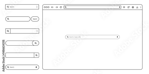 Empty Browser mockup outline with Search bar to showcase websites, featuring an empty internet page concept for desktop. Line-style isolated browser window for webpage user interface.