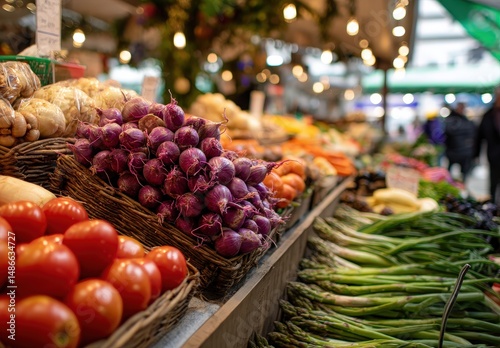 Vibrant market stall with fresh vegetables and onions.