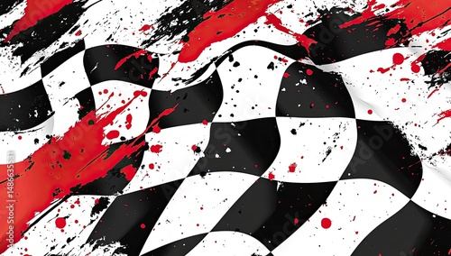 Checkered flag, splattered with vibrant red paint.  Rippled fabric texture