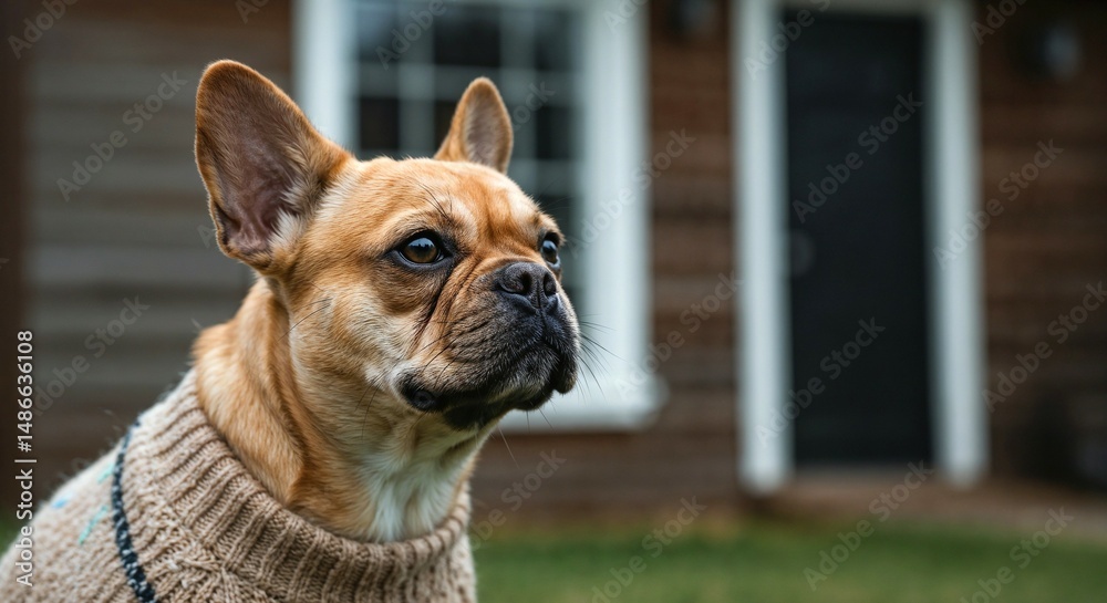 Fototapeta premium French bulldog wearing a sweater outside a wooden house