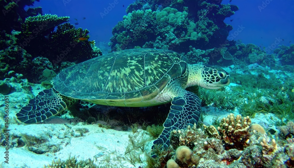 Fototapeta premium Sea Turtle's Underwater Paradise: A majestic sea turtle navigates the vibrant coral reef, gliding gracefully through the turquoise water. This image evokes serenity and the marvels of underwater life.