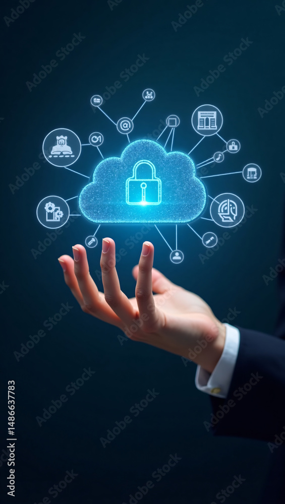Fototapeta premium Secure cloud technology held in a hand, with a lock symbol