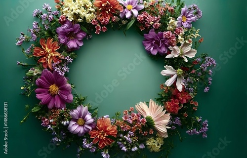 Colorful floral wreath with various flowers on a green background, top view. Reconstructed in the photo