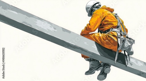 Worker in Safety Gear on a Beam Industrial Construction and Safety Illustration