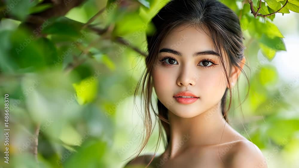 Serene Beauty Amidst Greenery: A captivating woman, her gaze meeting the viewer, is surrounded by vibrant green foliage, embodying the tranquility of nature and the elegance of human beauty. Serene Beauty Amidst Greenery: A captivating woman, her gaze meeting the viewer, is surrounded by vibrant green foliage, embodying the tranquility of nature and the elegance of human beauty.