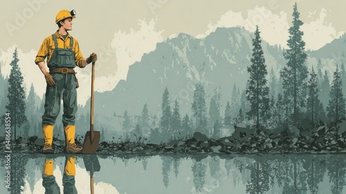 Worker in Protective Gear with Shovel by Mountainous Forest Reflection