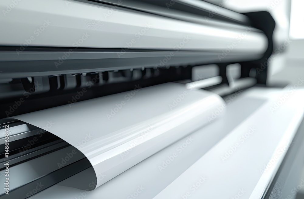 Large format printer in action. A roll of paper feeds through a modern printing machine Large format printer in action. A roll of paper feeds through a modern printing machine