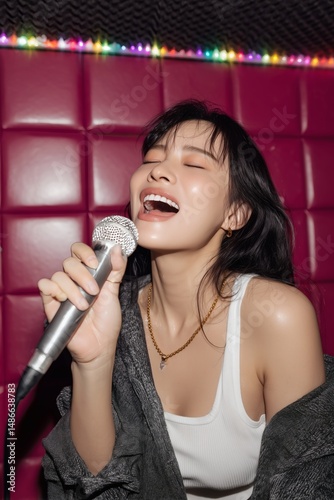 Passionate singer performing with a microphone. Energy and emotion fill the room. Stage presence and talent shine.