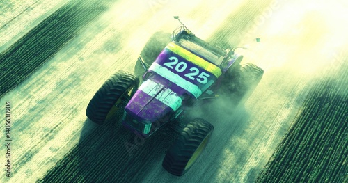 Futuristic tractor moving across a field in 2025.  Dust and sunlight highlights the vehicle's movement