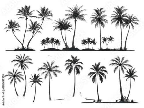 Silhouette illustration of various palm trees isolated on a white background in a tropical setting