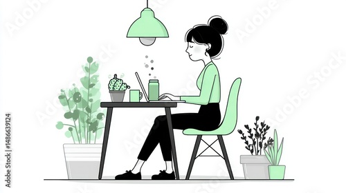 Woman Working at Home Office with Plants and Laptop Cozy Workspace Setup Productive Environme