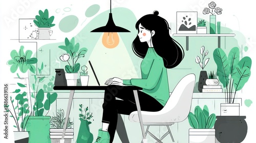 Woman Working in a Cozy PlantFilled Home Office with Laptop and Modern Lighting