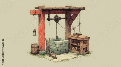Vintage Well Scene with Wooden Structure and Stone Basin for Rustic Historical or Fantasy Set