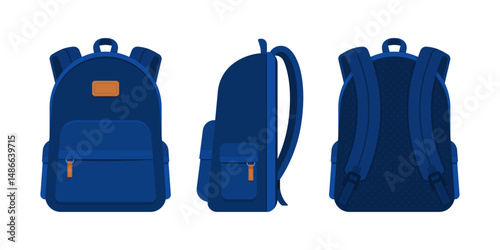 Blue backpack in front, side, and back views. Back to school, education, travel, and urban lifestyle bag concept. Flat vector illustration isolated on white background