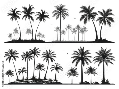 Silhouetted palm trees on islands create a tropical paradise scene with birds flying above them all