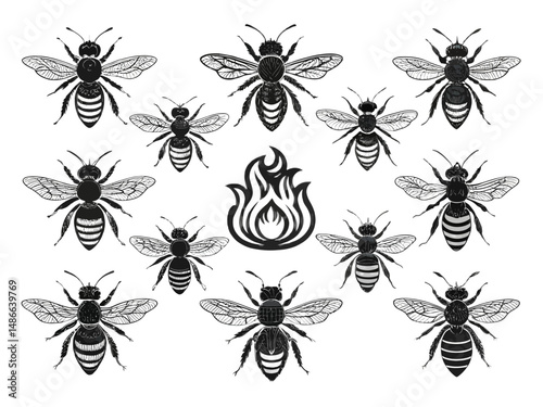 A collection of detailed bee illustrations arranged around a central flame design element in black and white