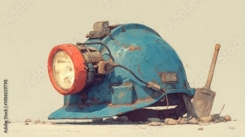 Vintage Industrial Helmet with Attached Light and Shovel Retro Safety Gear Artwork